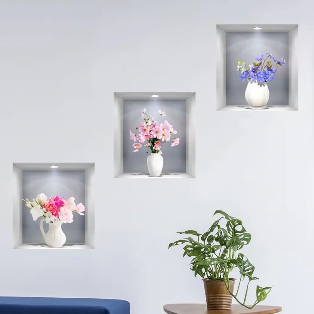3D wall stickers 12”x12” Plants and flowers in a vase 6 stickers NEW